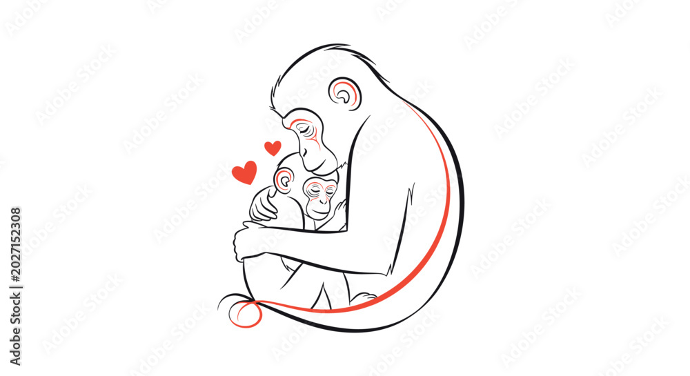 Obraz premium Simple line art drawing of a mother chimpanzee hugging her baby with red heart symbols expressing maternal love and care.