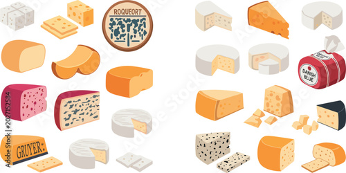 Foto Diverse Gourmet Cheese Varieties Vector Illustration Set Featuring Cheddar Gouda