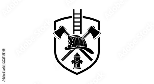 Firefighter Emblem: A strong and bold graphic emblem representing firefighters, featuring a helmet, crossed axes, a hydrant, and a ladder within a shield shape.