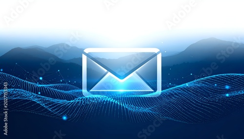 Glassy mail icon floats above blue, dotted wave background, mountains behind