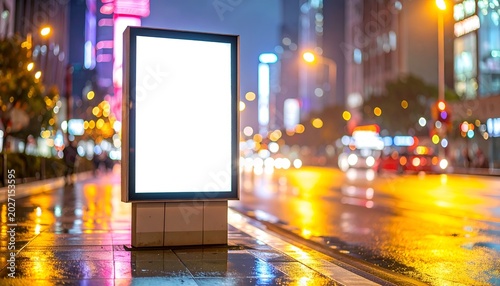 Illuminated blank billboard on a wet city street at night, blurred lights behind