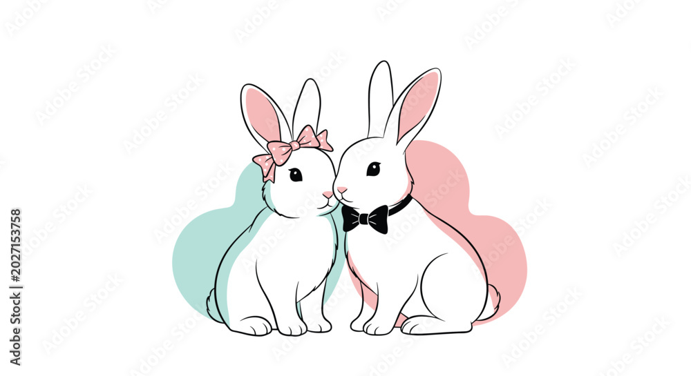 Fototapeta premium Adorable cartoon illustration of two white rabbits dressed as a couple with a pink bow and black bowtie against a soft pastel background.