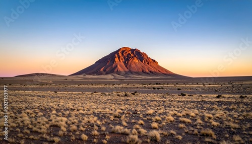 Desert mountain peak at dusk, light on red rock, golden grass plain below