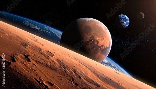 Mars landscape view of Mars, Earth, Moon in space