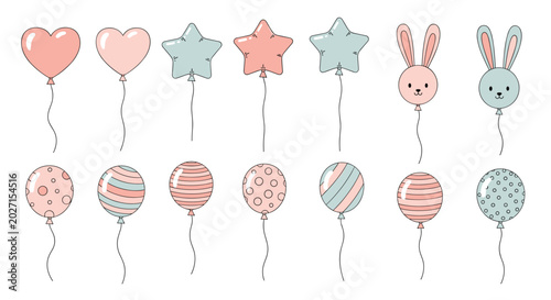 Set of cute pastel balloons in shapes of hearts stars and rabbits with various patterns for children events.