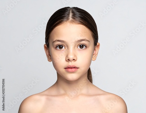 Portrait of a young girl with brown eyes, brown hair, and fair skin