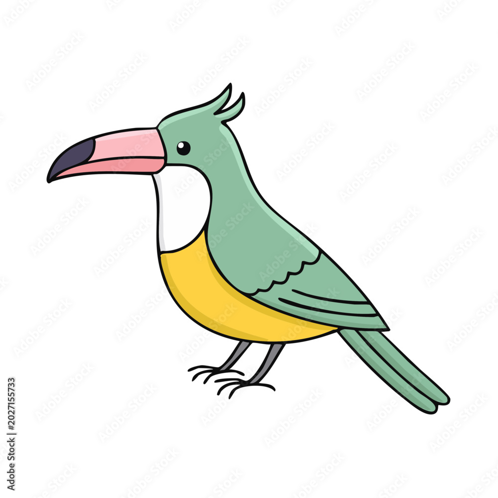 Obraz premium Cute cartoon toucan with large colorful beak and green body on white background