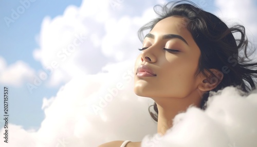 Serene young woman with eyes closed, bathed in sunlight amidst fluffy clouds