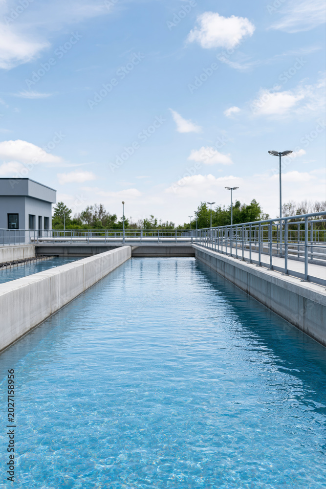Fototapeta premium Modern Water Treatment Plant with Clear Blue Water under Bright Sky Day