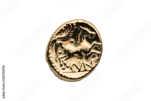 Gold Stater replica coin of Cunobelin AD 10-40 king of the ancient Briton tribes Catuvellauni and Trinovantes, reverse showing a horse png file cut out and isolated on a transparent background 