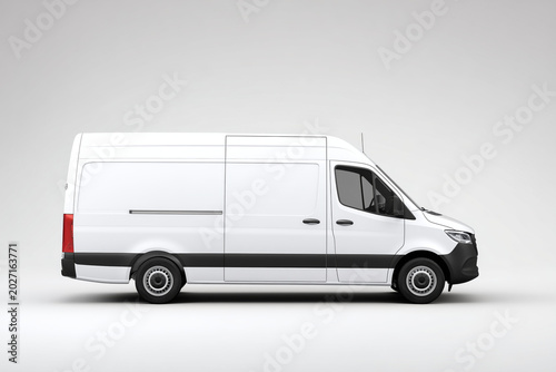 White high-roof passenger transport van, side profile view, pure white background, soft studio lighting, subtle realistic shadow, photorealistic, clean empty blank exterior with no graphics
