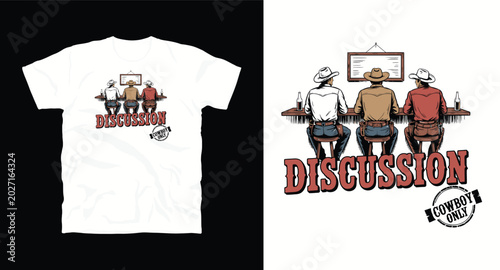 Three cowboys sitting on stools and talking together at counter.