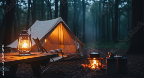 Tent Casting Warm Light Near Campfire in Serene Woodland Setting