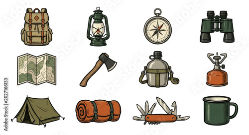 Foto Outdoor Camping Gear Collection Illustration.