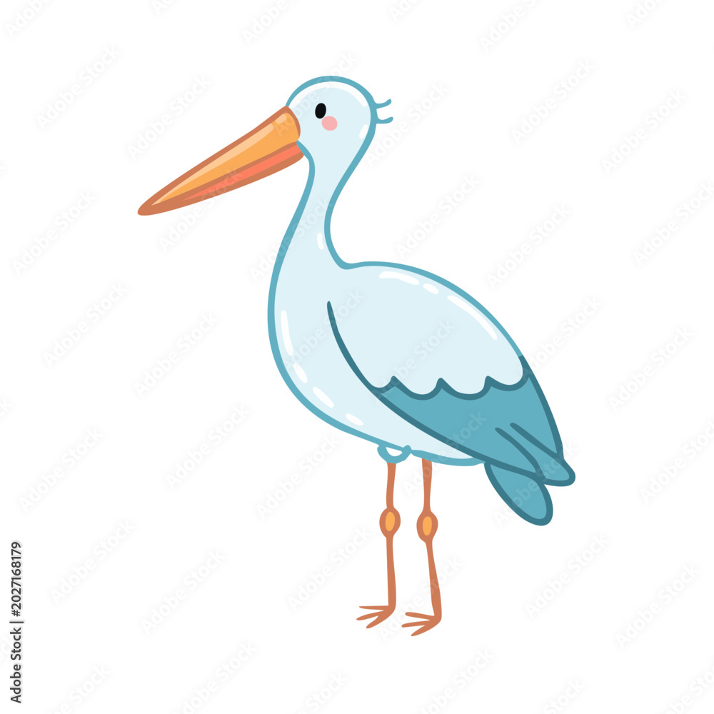 Fototapeta premium Cute cartoon stork standing isolated on a white background with its beak pointing left.