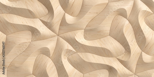 Fotografie Abstract wood texture with flowing wave patterns and geometric shapes creates a visually dynamic and organic design, showcasing natural wood grain and sculpted form