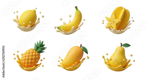 3d rendered fruit assortment in a splash of liquid against a white background food and beverage concepts
