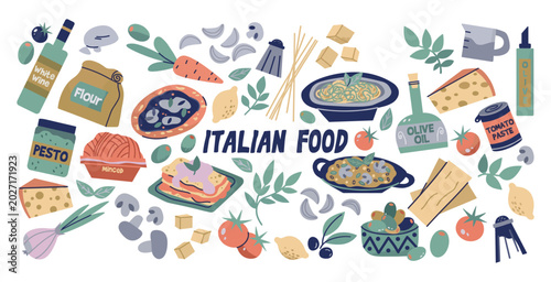 Billede på lærred Italian food assortment vector illustration with olive oil main course tomatoes
