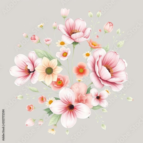 Delicate hand-drawn floral arrangement with soft pastel hues, illustration, composition