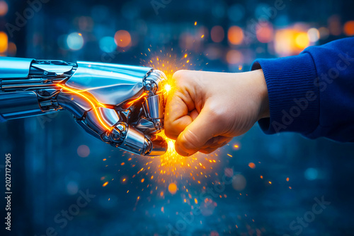 Robot hand and human fist meet in a powerful fist bump gesture emitting glowing sparks to symbolize successful collaboration and future partnership between artificial intelligence and human expert.