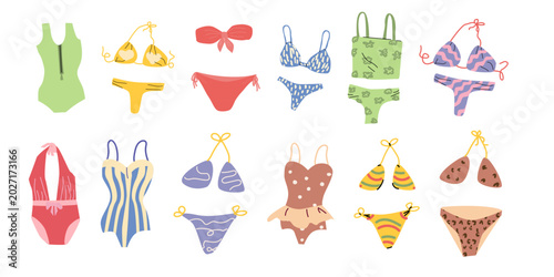 Cartoon swimsuit set. Vector illustration isolated on white. Swimwear icon set. Cartoon collection of bikini and other beach clothes.