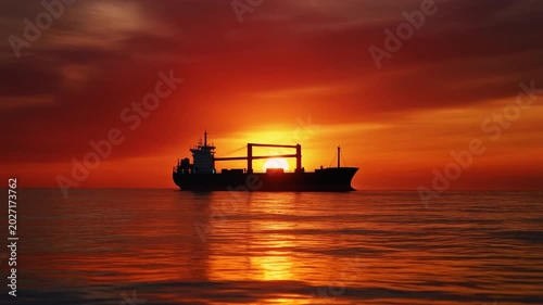 A large cargo ship sails on the calm ocean waters, silhouetted against a dramatic and fiery red-orange sunset.