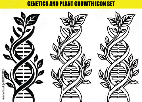 Valokuva Genetics and plant growth icon set featuring dna double helix entwined with organic leaves for biology research