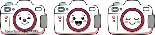 Foto Cute cartoon photo camera mascot character set with different facial expressions