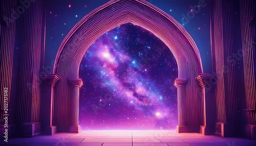 an archway with a purple nebula in the background