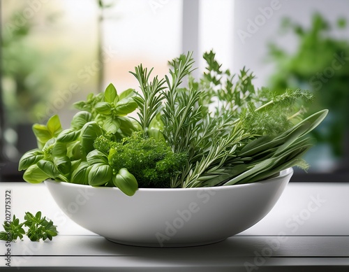 fresh green herbs beautifully displayed in a simple white bowl ready to add flavor and aroma to culinary creations