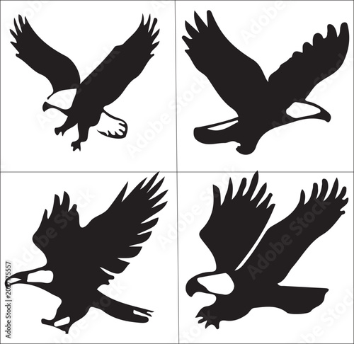 Bald Eagle Silhouettes Set: Flying American Eagles Vector Illustrations