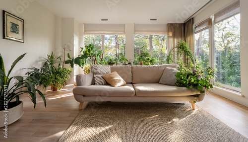 sunlit living space with large windows plush sofa and thriving indoor plants creating a serene and airy ambiance