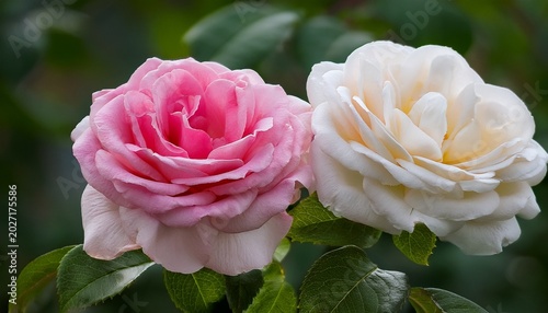 two pink and white roses with green leaves in the background