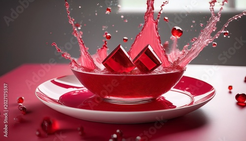 vibrant ruby geometric shapes cascade into a delicate porcelain dish creating a dynamic splash of refreshing liquid in a striking visual presentation