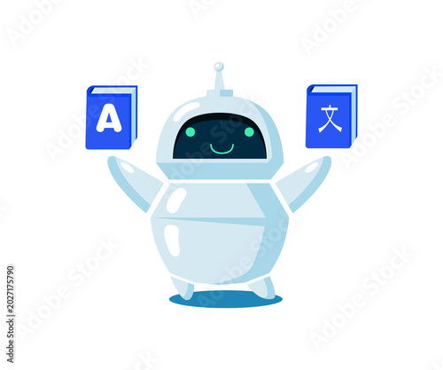 Cute AI Translation Robot Illustration with Language Books Vector