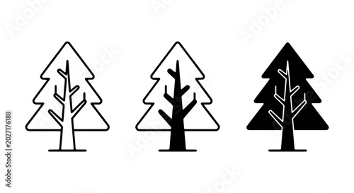 Simple Pine Tree Icons, Outline and Silhouette Vector Graphics for Nature and Forest Themes