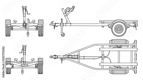 Boat trailer transport vehicle technical drawing blueprint with front side back and top views CAD line art vector illustration