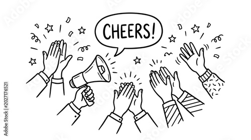 Hand drawn vector illustration of multiple clapping hands surrounding a megaphone and speech bubble with the word “Cheers!”. Celebration concept for congratulations, applause, success, encouragement.