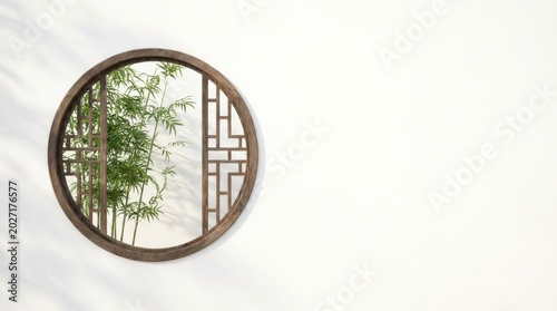 Traditional Chinese Round Window with Bamboo Garden View