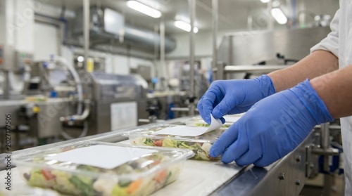 Person in blue gloves seals clear plastic containers of fresh salad on a conveyor belt