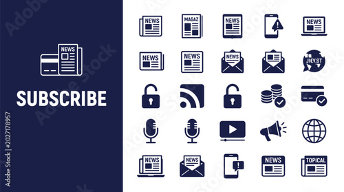Set of digital news and media subscription service interface icons