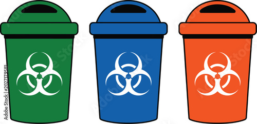 Fotografie Biohazard trash bin icon set, hazardous medical waste containers for safe disposal infection control and clinical safety management in modern flat vector design