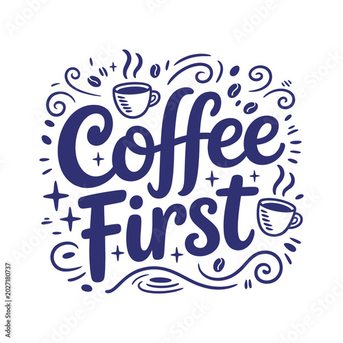 Hand-drawn coffee illustration with steam and doodles in line art style on white background
