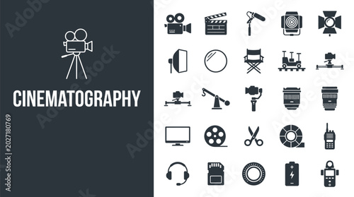 Set of professional cinematography icons for modern film production projects