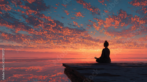 Rooftop meditation at sunrise showing woman embracing serenity and mindful morning energy