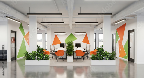 Modern geometric interior with triangular shapes, orange furniture, and green plants in a spacious room