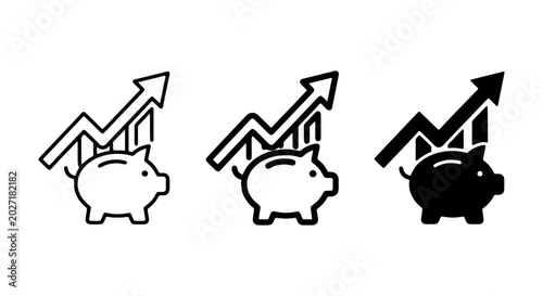 Piggy Bank Growth Icons, Financial Success Arrows, Investment Savings Vector Set