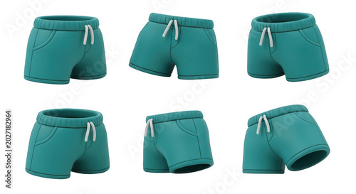 turquoise cartoon shorts in various poses on a white backdrop for kids clothing design advertising and e commerce