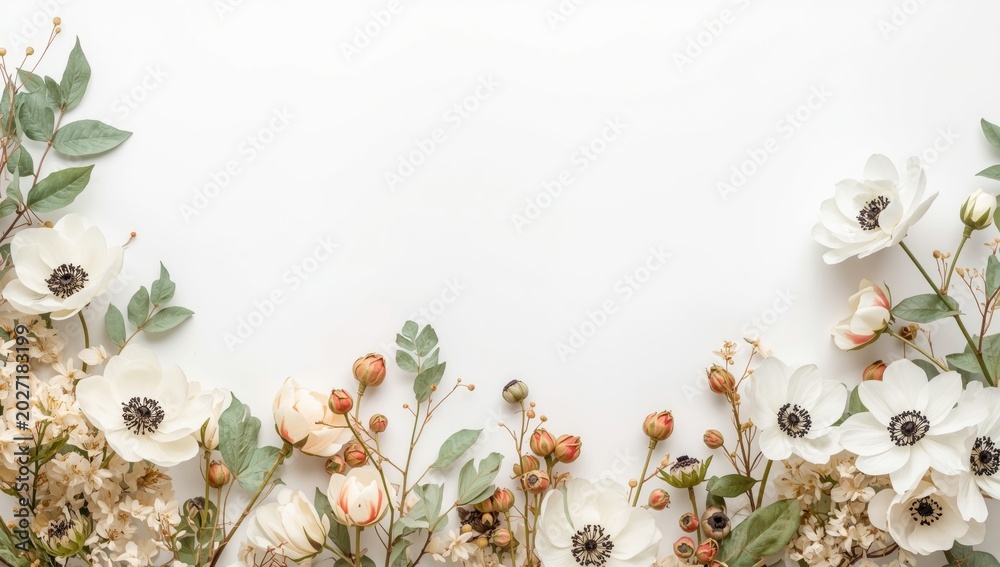 Fototapeta premium Elegant Autumn Floral Border White Anemone and Foliage on Soft Background