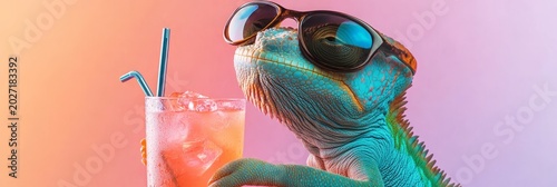 Cool chameleon sipping a cocktail wearing sunglasses, embodying summer vibes on a vibrant pink backdrop
